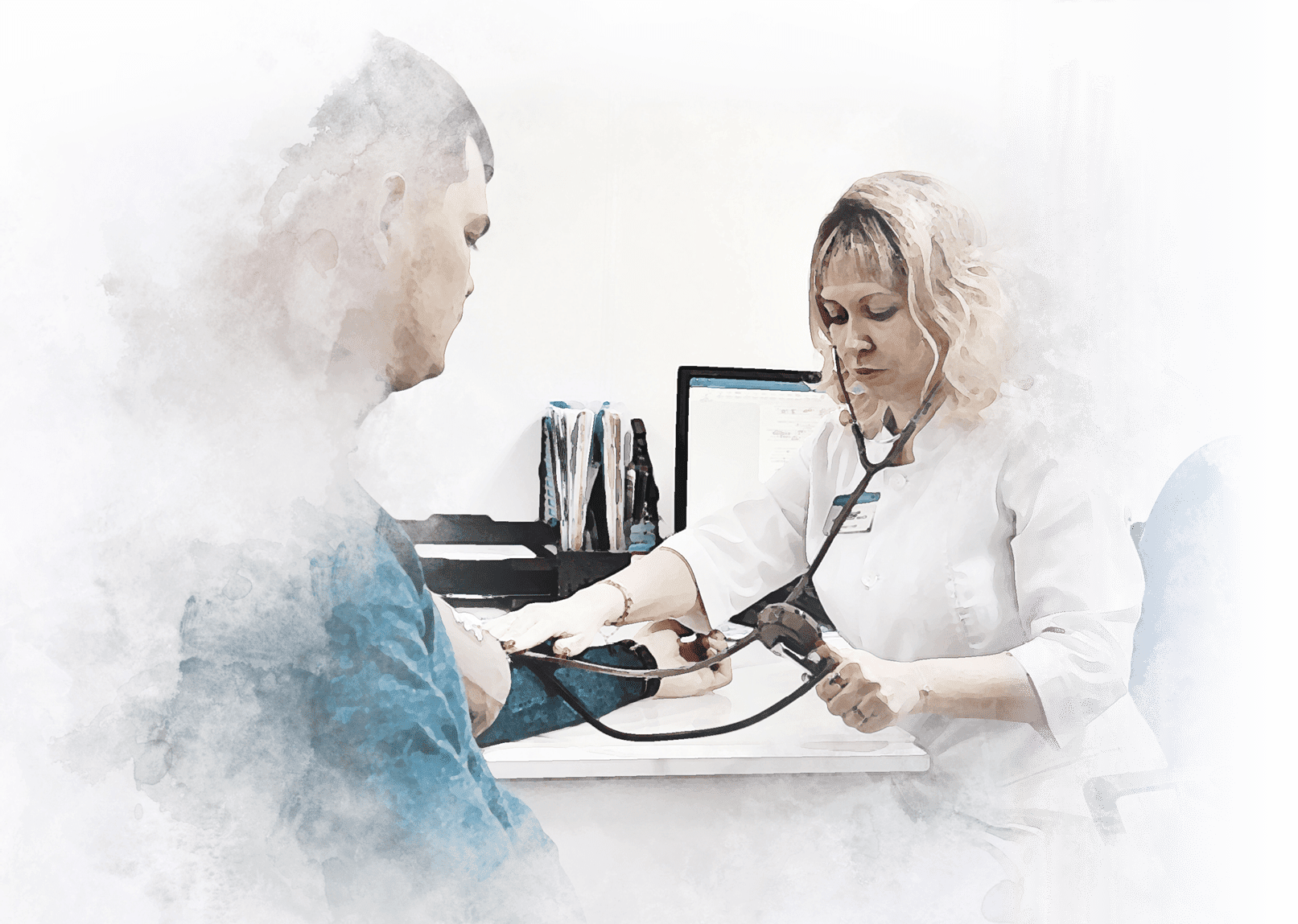 Медработник измеряет давление сотруднику