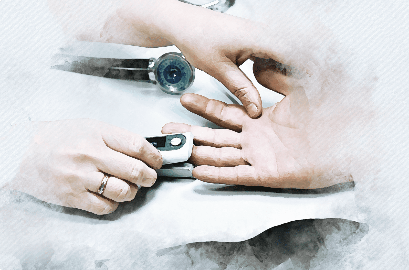 Врач закрепляет палцевый пульсометр пациенту